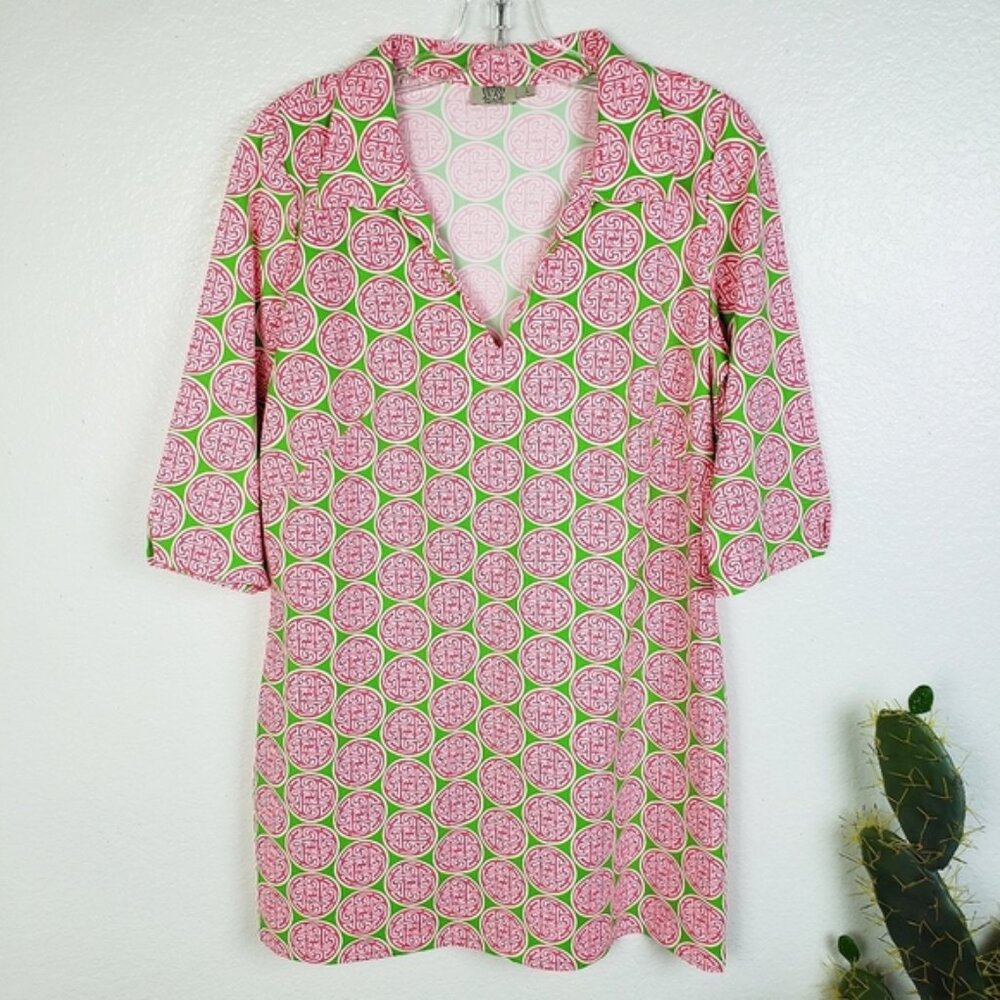 Katherine WAY Tunic Dress Geometric Print UPF Fabric Pink Green V-neck size L